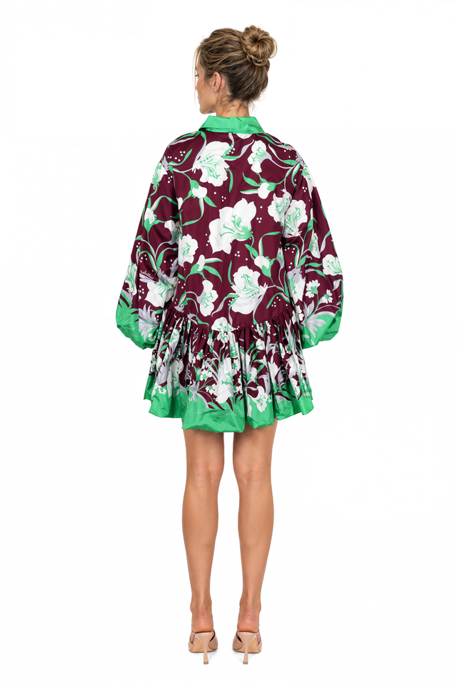 Valentino Floral Print Pussy-Bow Mini Dress in Green & Burgundy  Product
