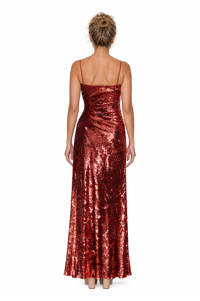 Valentino Ruched Sequined Cami Evening Gown in Crimson Red