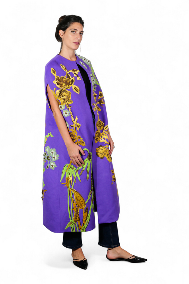 Valentino Floral Embroidered Silk Cape — Violet & Gold