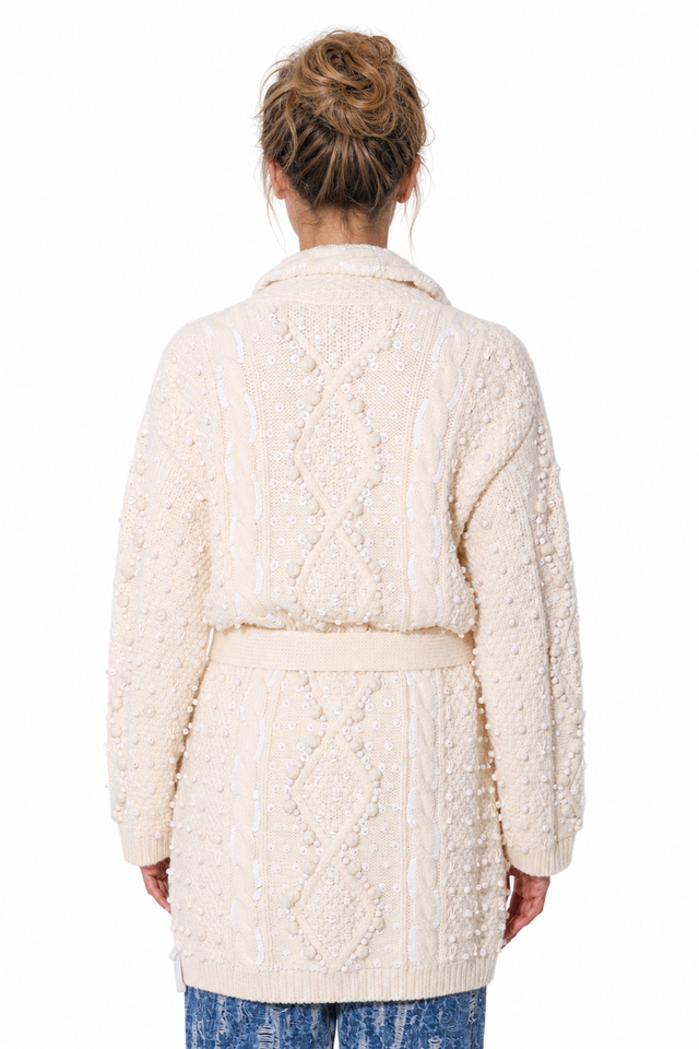 Valentino Ivory Cable Knit Belted Cardigan