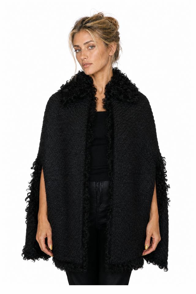 Valentino Textured Wool-Knit & Shearling-Trimmed Evening Cape in Jet Black