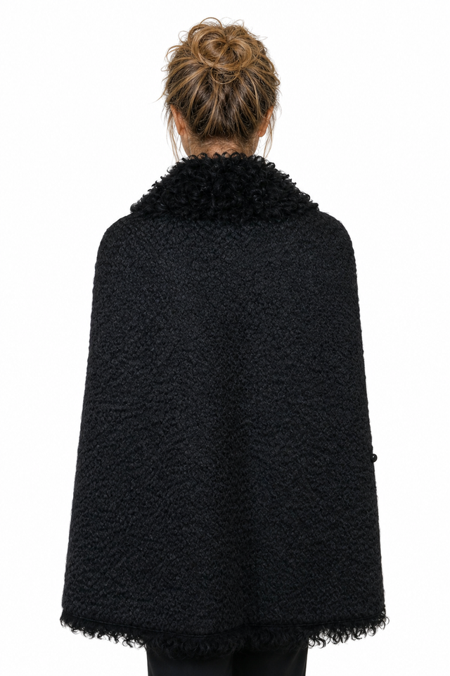 Valentino Textured Wool-Knit & Shearling-Trimmed Evening Cape in Jet Black