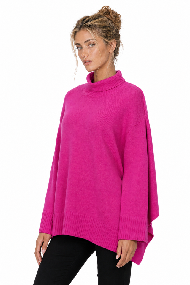Valentino Turtleneck Poncho-Sleeve Virgin Wool Sweater in Fuchsia Pink