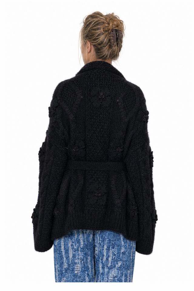 Valentino Women's Floral Cable-Knit Belted Cardigan Coat in Black