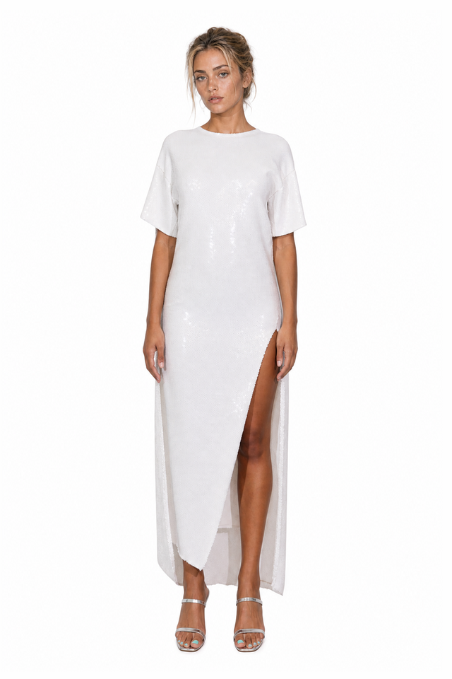 Valentino Sequin-Embellished Side-Slit T-Shirt Evening Gown in Pristine White