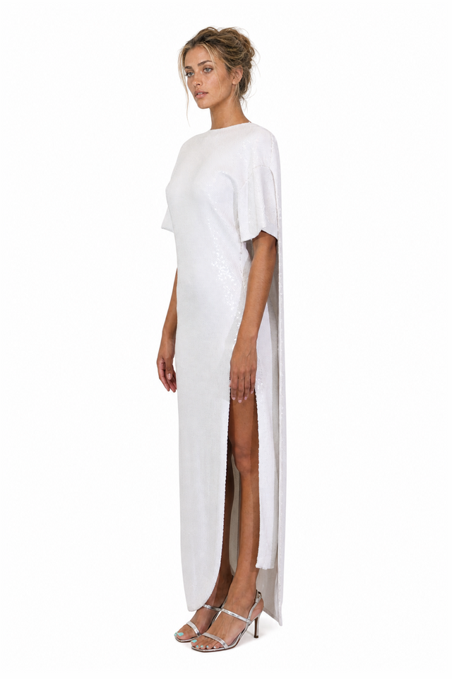 Valentino Sequin-Embellished Side-Slit T-Shirt Evening Gown in Pristine White