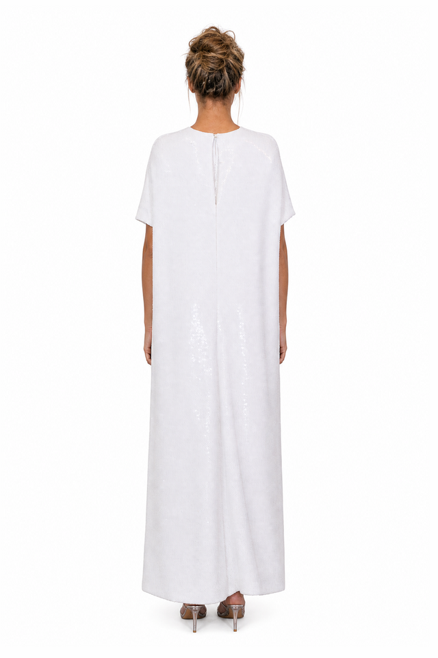 Valentino Sequin-Embellished Side-Slit T-Shirt Evening Gown in Pristine White