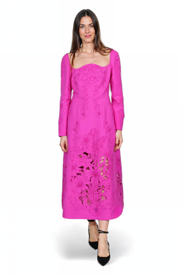 Valentino Fuchsia Embroidered Midi Dress with Cutout Details