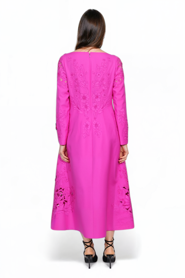 Valentino Fuchsia Embroidered Midi Dress with Cutout Details