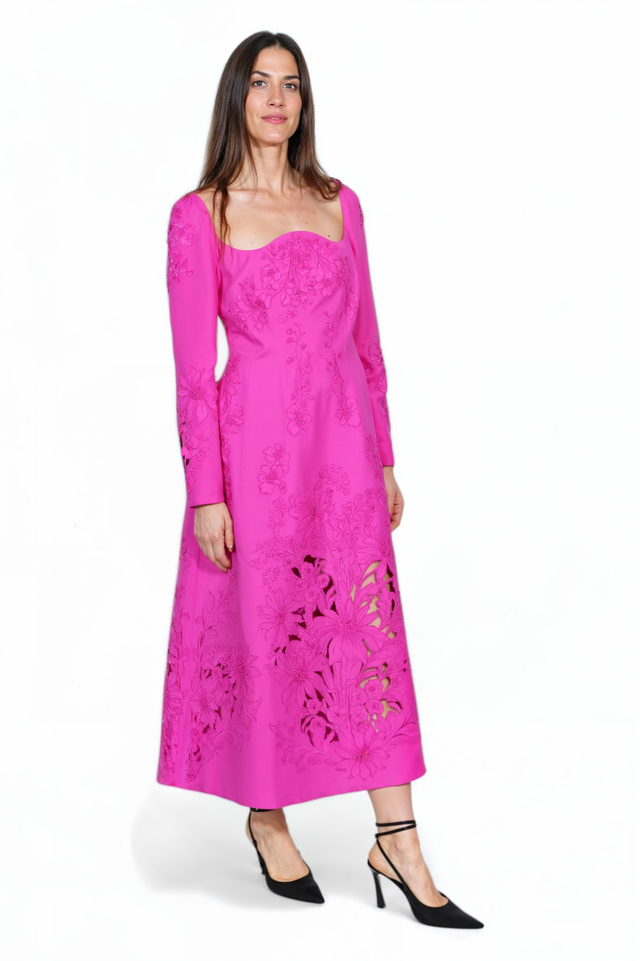 Valentino Fuchsia Embroidered Midi Dress with Cutout Details