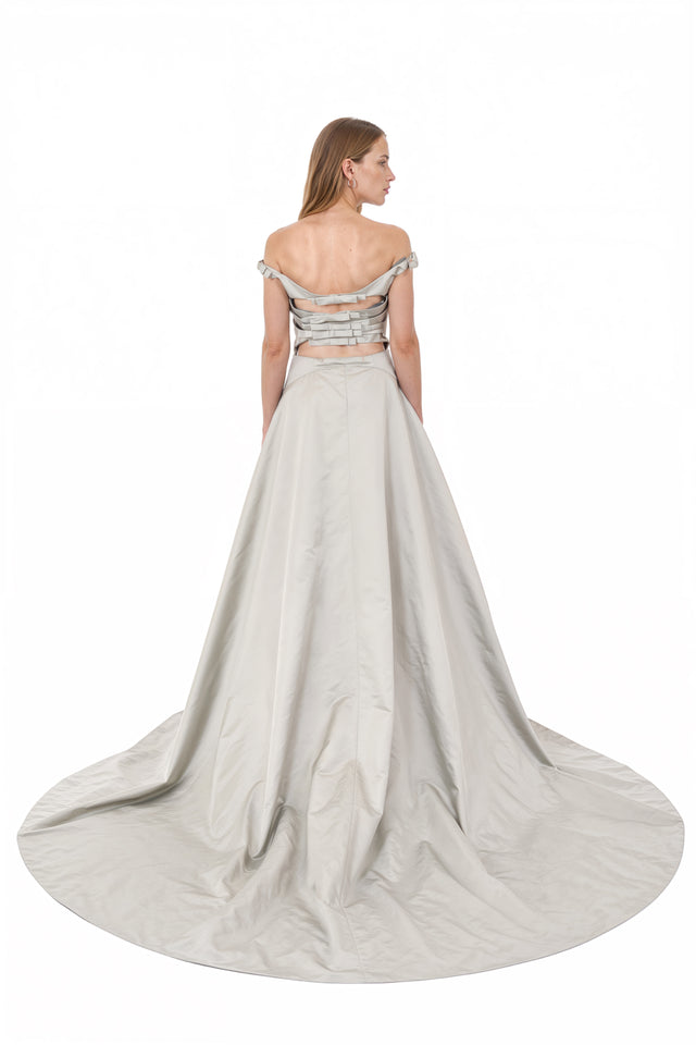Valentino silver taffeta off-the-shoulder ballgown with flat bow-detail cutouts and sweeping train