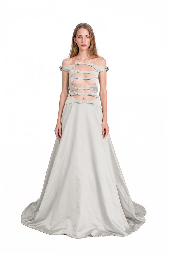 Valentino silver taffeta off-the-shoulder ballgown with flat bow-detail cutouts and sweeping train