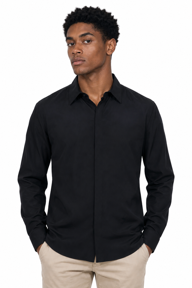 Valentino Black Concealed Placket Cotton Poplin Shirt