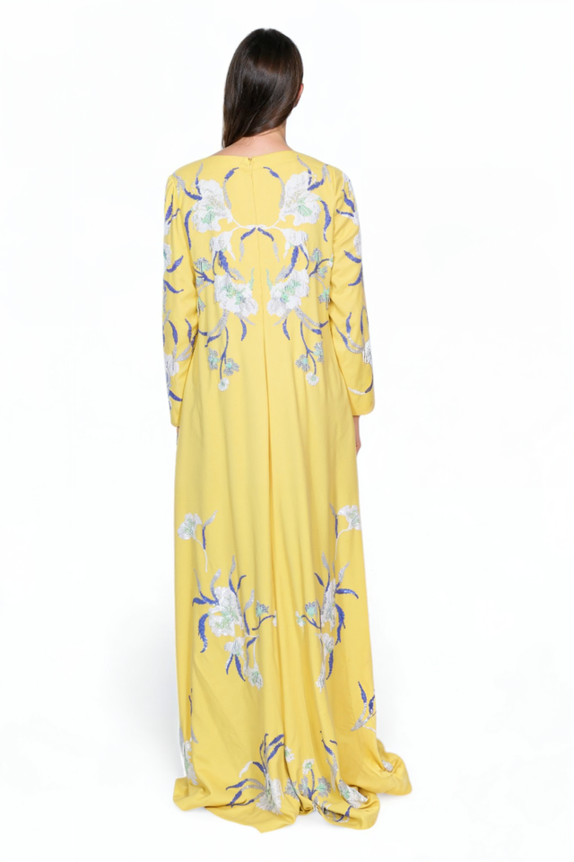 Valentino Floral Embroidered Long Kaftan Gown in Yellow