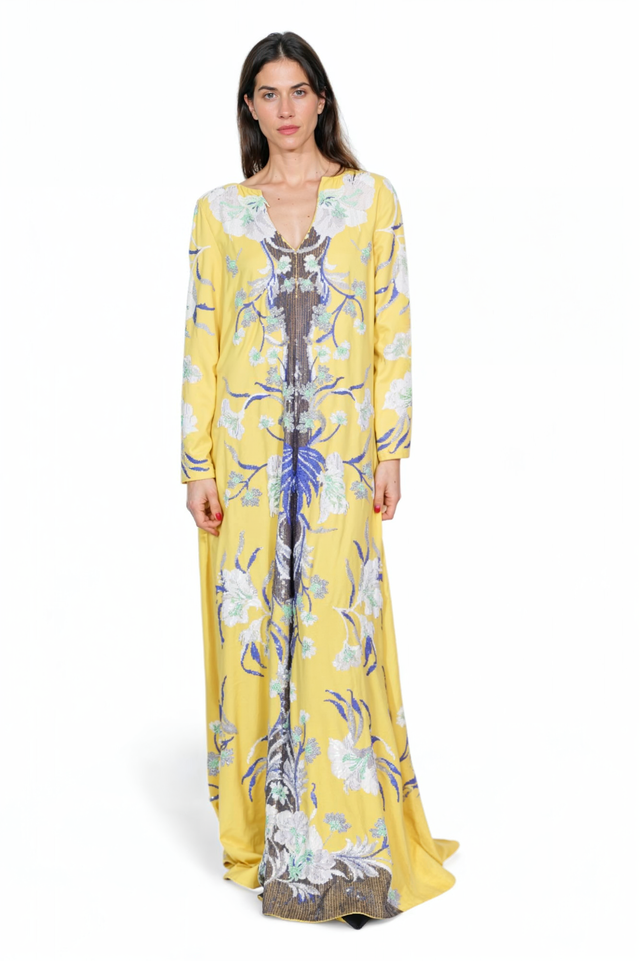 Valentino Floral Embroidered Long Kaftan Gown in Yellow