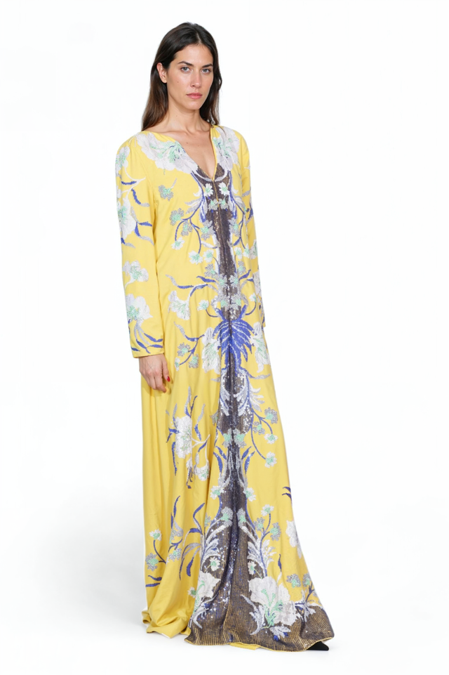 Valentino Floral Embroidered Long Kaftan Gown in Yellow