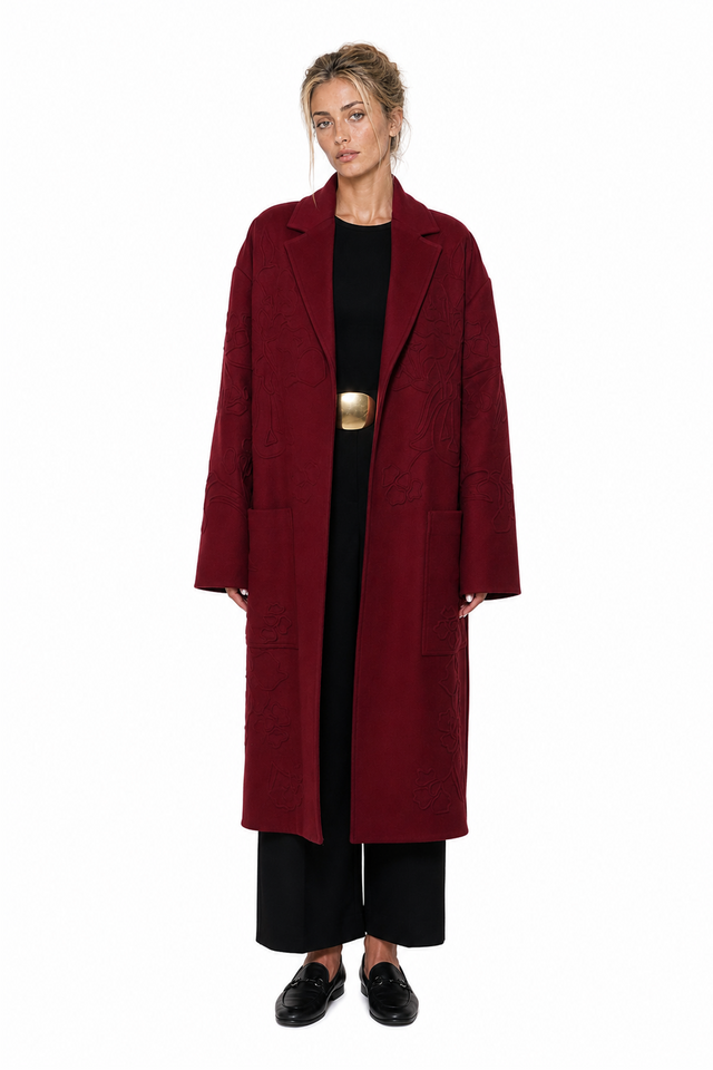 Valentino Women's Floral Tonal Embroidered Double-Breasted Wool Coat in Burgundy