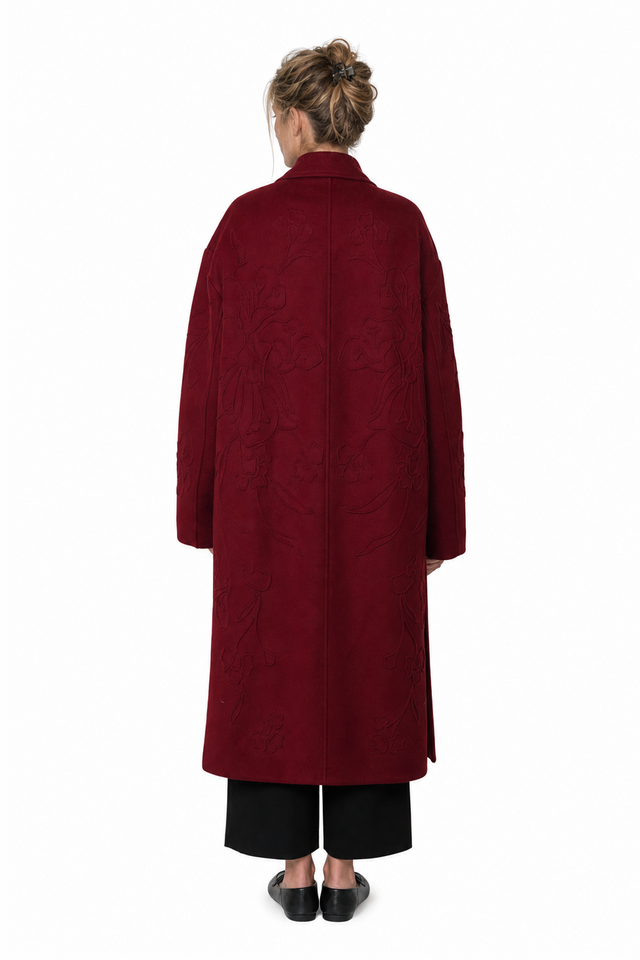 Valentino Women's Floral Tonal Embroidered Double-Breasted Wool Coat in Burgundy