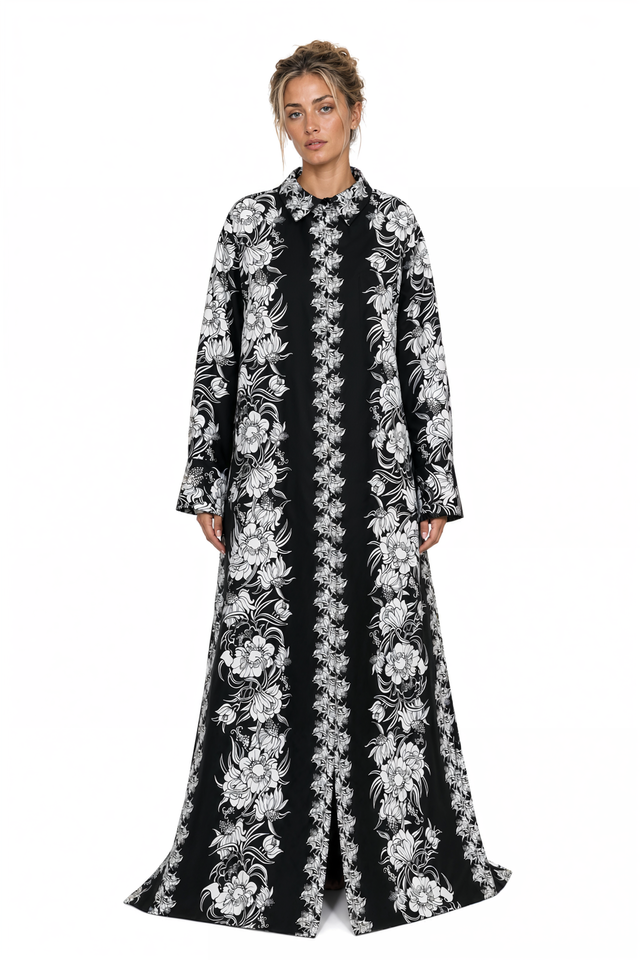 Valentino Floral Print Long-Sleeve Shirt Maxi Dress in Black & White