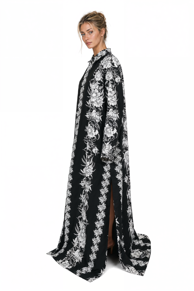 Valentino Floral Print Long-Sleeve Shirt Maxi Dress in Black & White