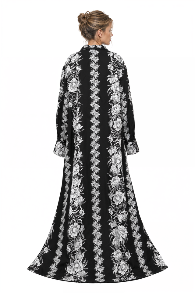 Valentino Floral Print Long-Sleeve Shirt Maxi Dress in Black & White