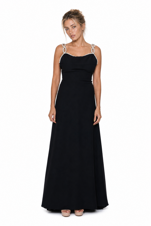 Valentino Crystal Interlocking-Link Strap Silk Cady Evening Gown in Jet Black