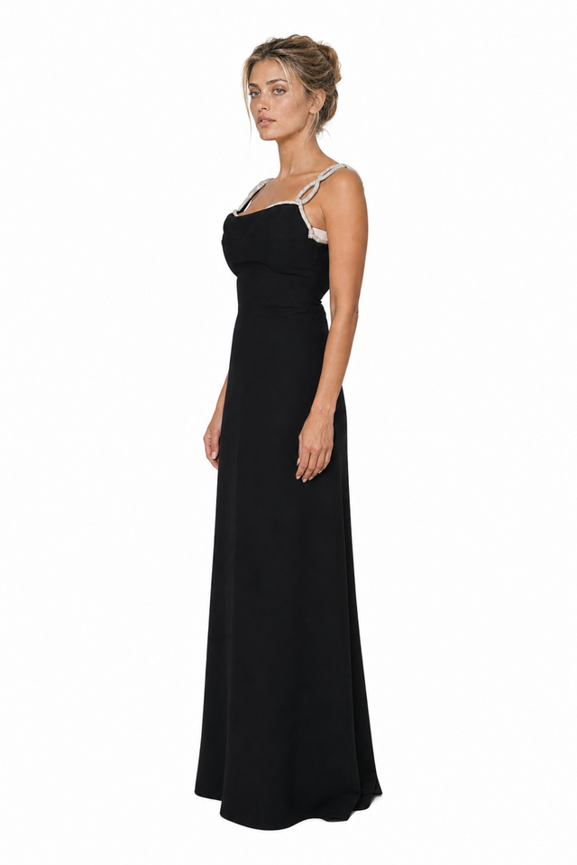 Valentino Crystal Interlocking-Link Strap Silk Cady Evening Gown in Jet Black