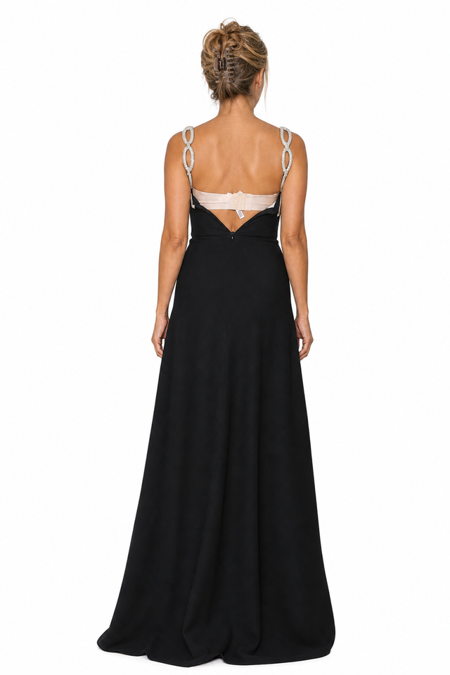 Valentino Crystal Interlocking-Link Strap Silk Cady Evening Gown in Jet Black