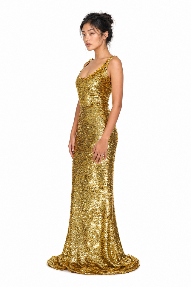 Valentino Sequin-Embellished Scoop-Neck Evening Gown in Liquid Gold