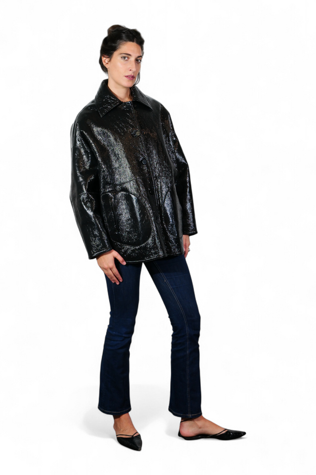 Valentino Glossy Patent Leather Coat — Black