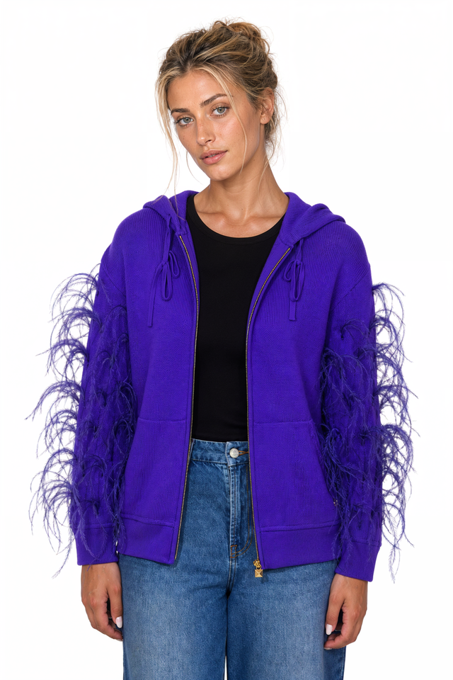 Valentino Feather-Trimmed Zip-Up Knit Hoodie in Purple
