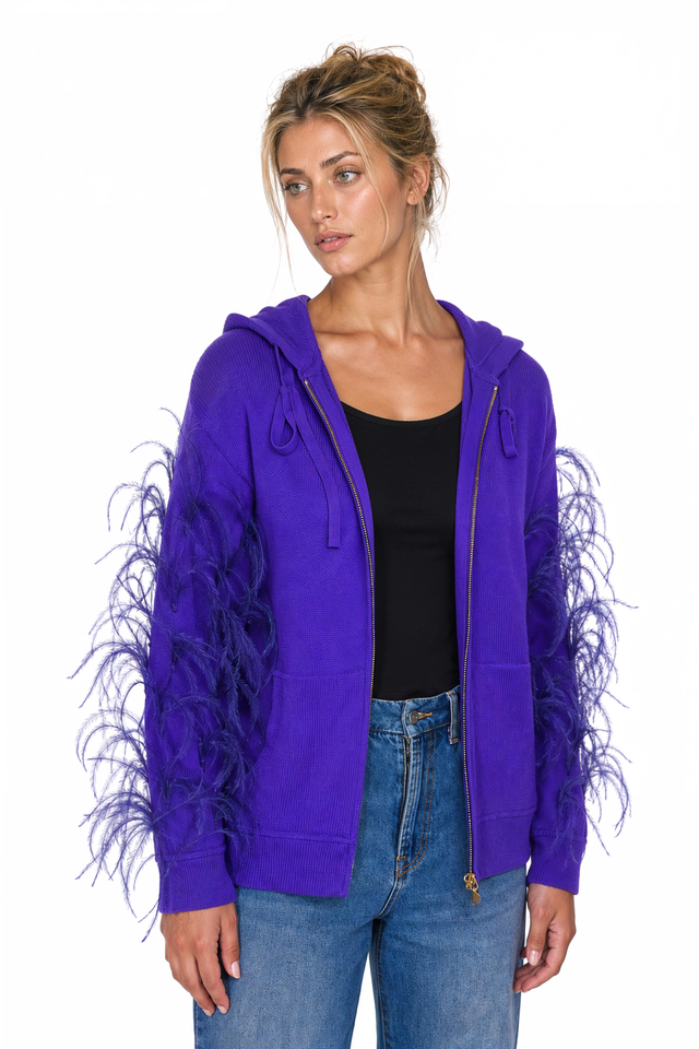 Valentino Feather-Trimmed Zip-Up Knit Hoodie in Purple