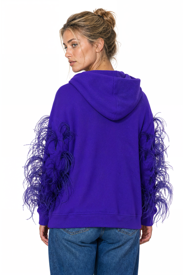 Valentino Feather-Trimmed Zip-Up Knit Hoodie in Purple
