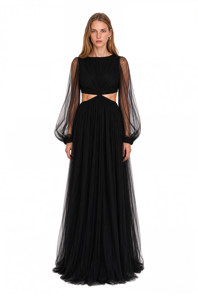 Front view of Valentino black tulle gown with bateau neckline, sheer blouson sleeves and waist cutouts