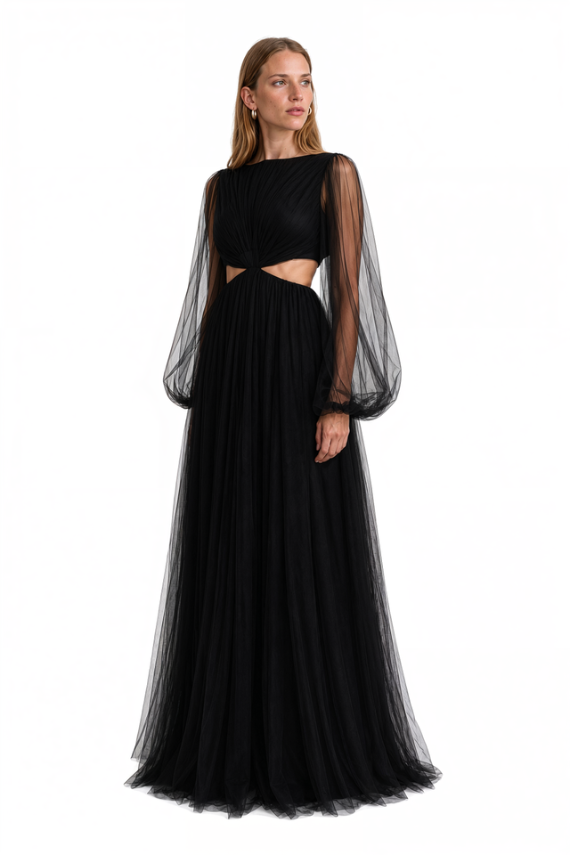Three-quarter view of Valentino black tulle cutout gown showing the full A-line skirt