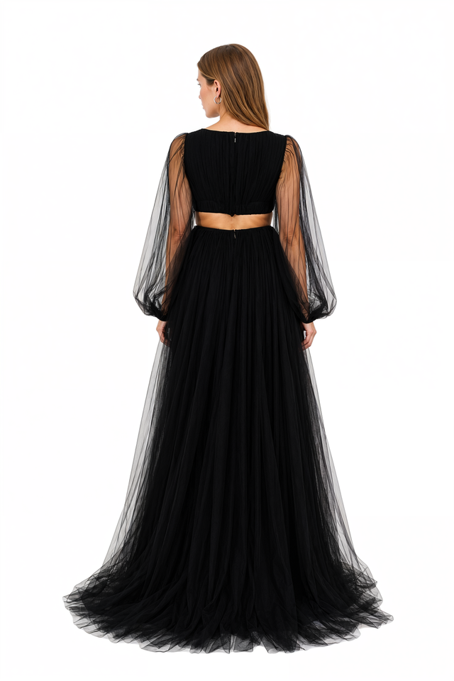 Back view of Valentino black tulle A-line maxi gown with sheer long sleeves