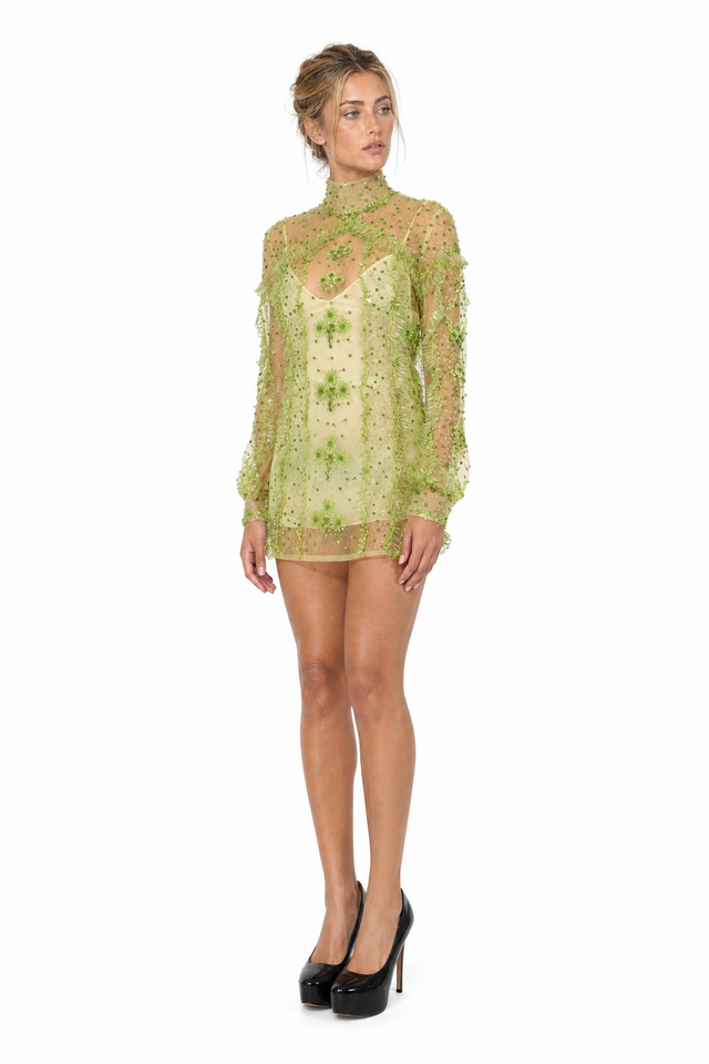 Valentino Embellished Sheer Tulle High-Neck Mini Dress in Chartreuse & Pistachio Green