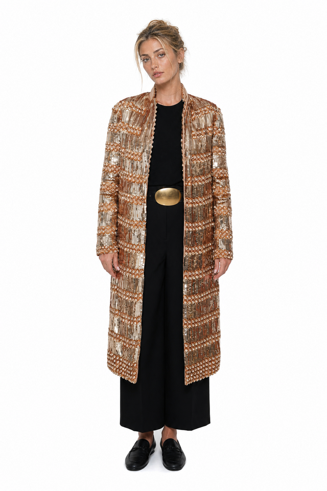 Valentino Sequin & Pearl Horizontal Striped Duster Coat in Bronze Gold