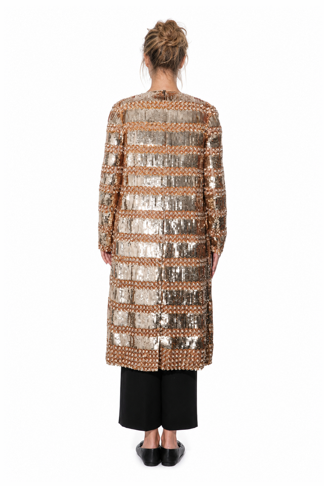Valentino Sequin & Pearl Horizontal Striped Duster Coat in Bronze Gold
