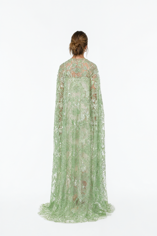 Back view of a Valentino green bead and sequin embellished floor-length cape