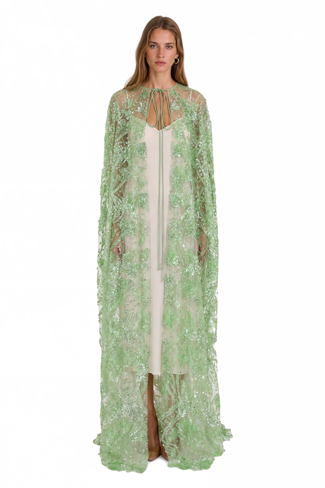 Valentino Beaded Sheer Cape – Green Floor-Length Evening Cape