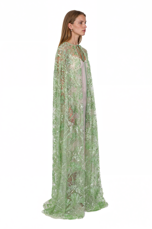 Valentino Beaded Sheer Cape – Green Floor-Length Evening Cape