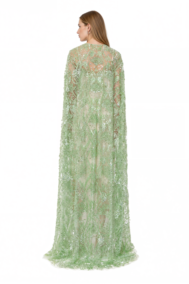 Valentino Beaded Sheer Cape – Green Floor-Length Evening Cape