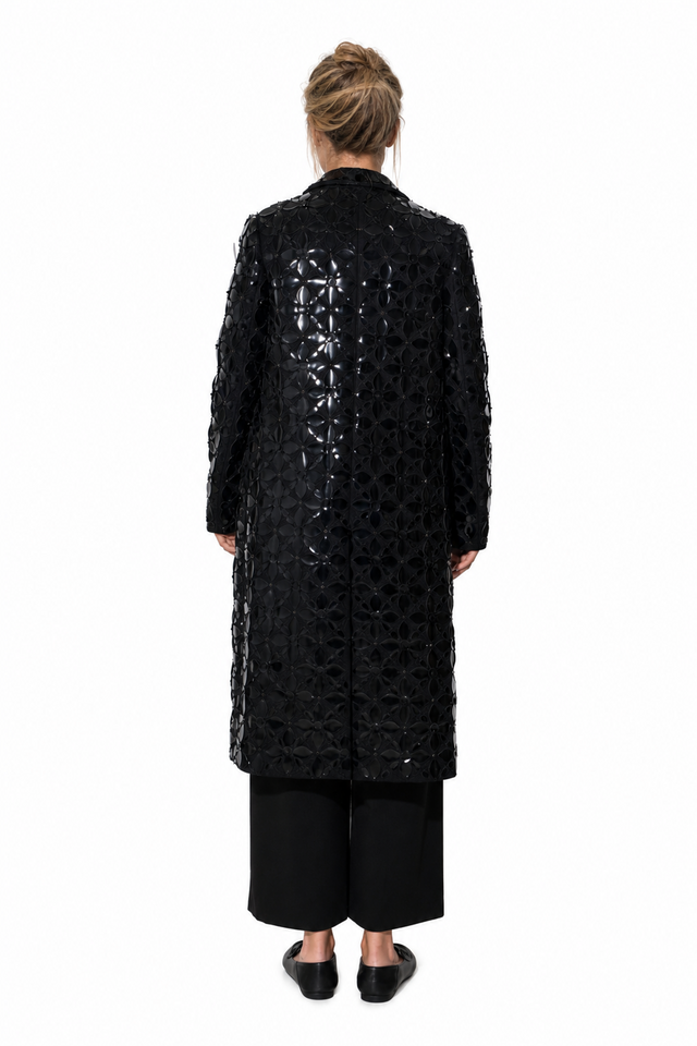 Valentino Floral Patent-Sequined Longline Duster Coat in Jet Black