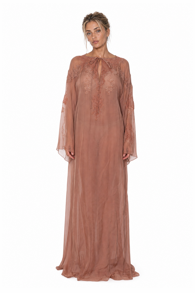 Valentino Women's Sheer Embroidered Silk Chiffon Kaftan Gown in Dusty Rose