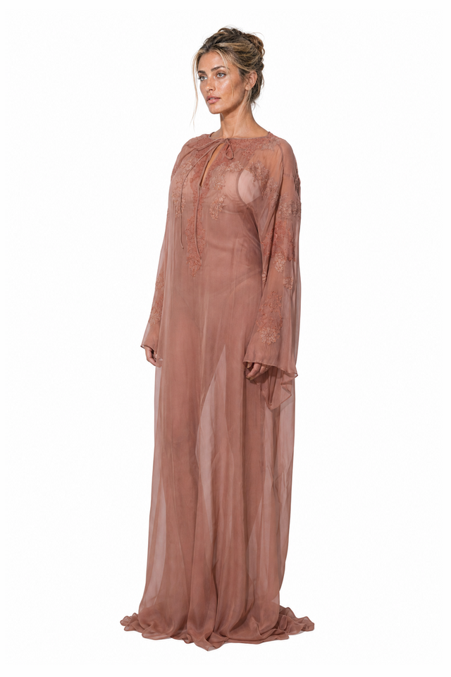 Valentino Women's Sheer Embroidered Silk Chiffon Kaftan Gown in Dusty Rose