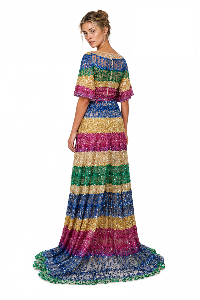 Valentino Rainbow Sequin Embellished Striped Gown