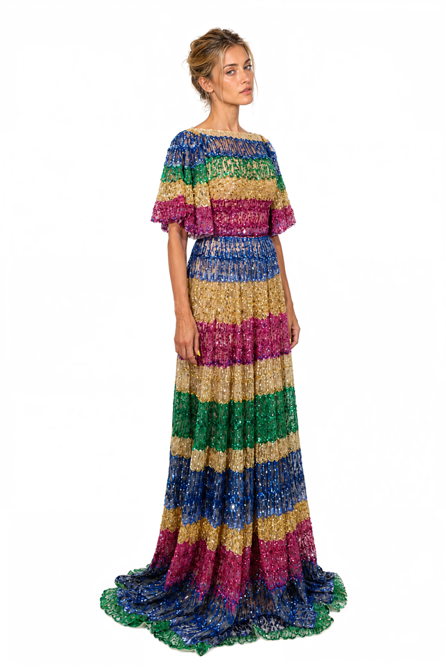 Valentino Rainbow Sequin Embellished Striped Gown