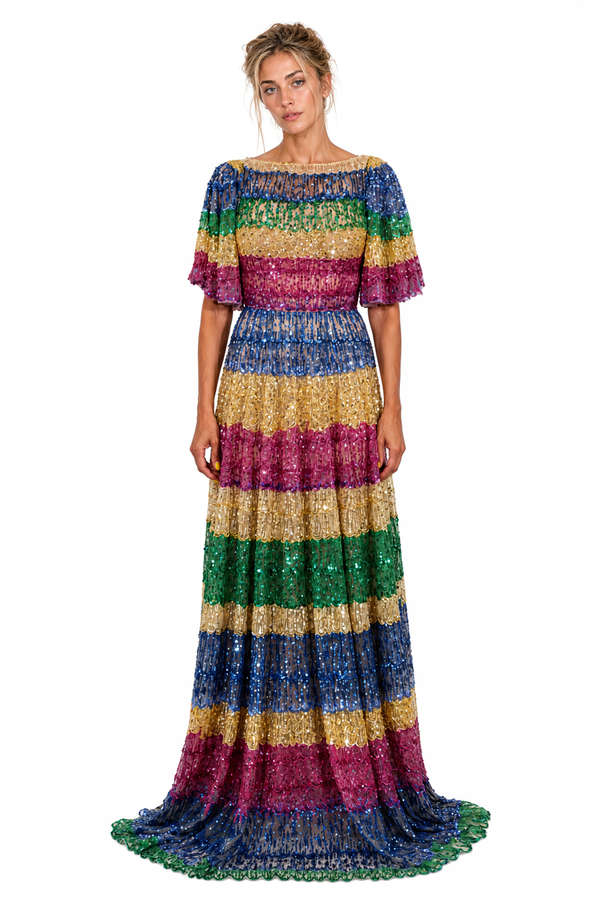 Valentino Rainbow Sequin Embellished Striped Gown