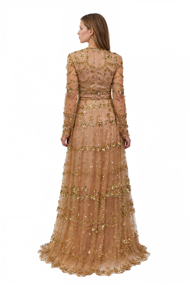 Valentino gold sequin and crystal embellished tulle gown